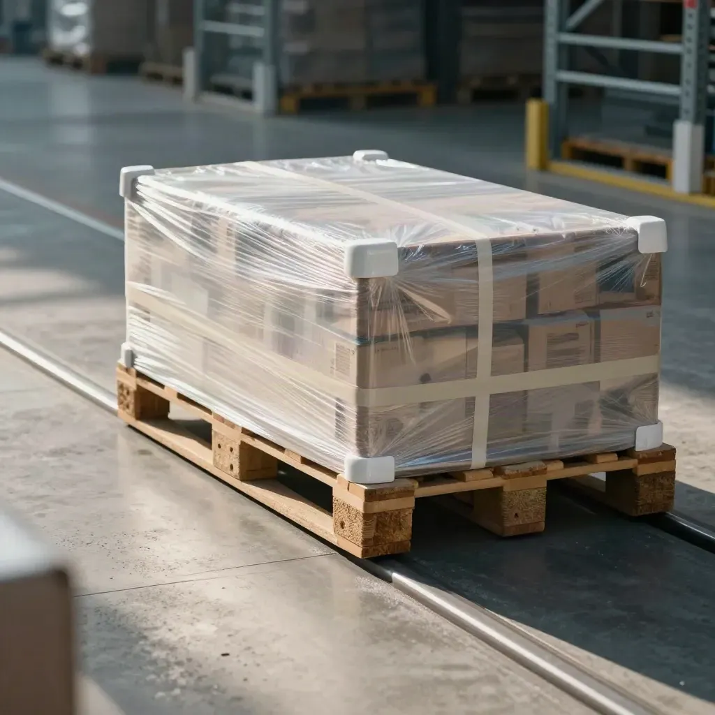 Verpakte pallet schuift een gekoeld magazijnvak in tussen witte markeringen.