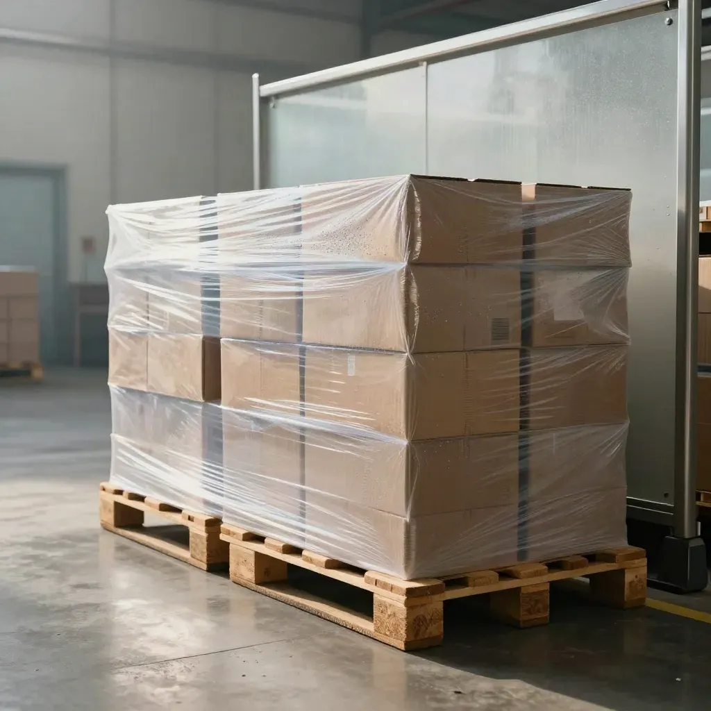 Pallets met sauzen in krimpfolie in een gekoelde laadzone, naast kartonnen dozen en RVS rails.