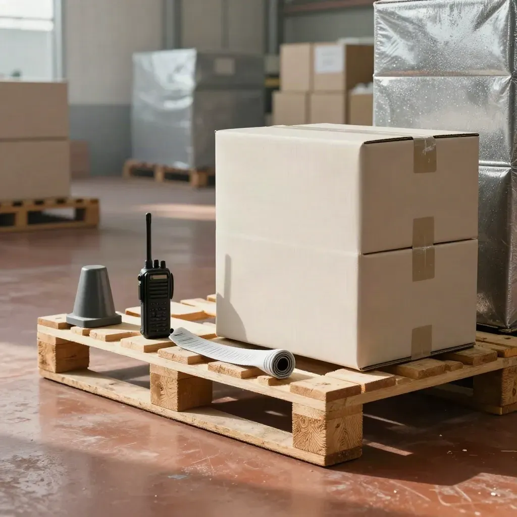 Palletspacers, dockbeacon en isolatiekratten in een stille koelplanningruimte.