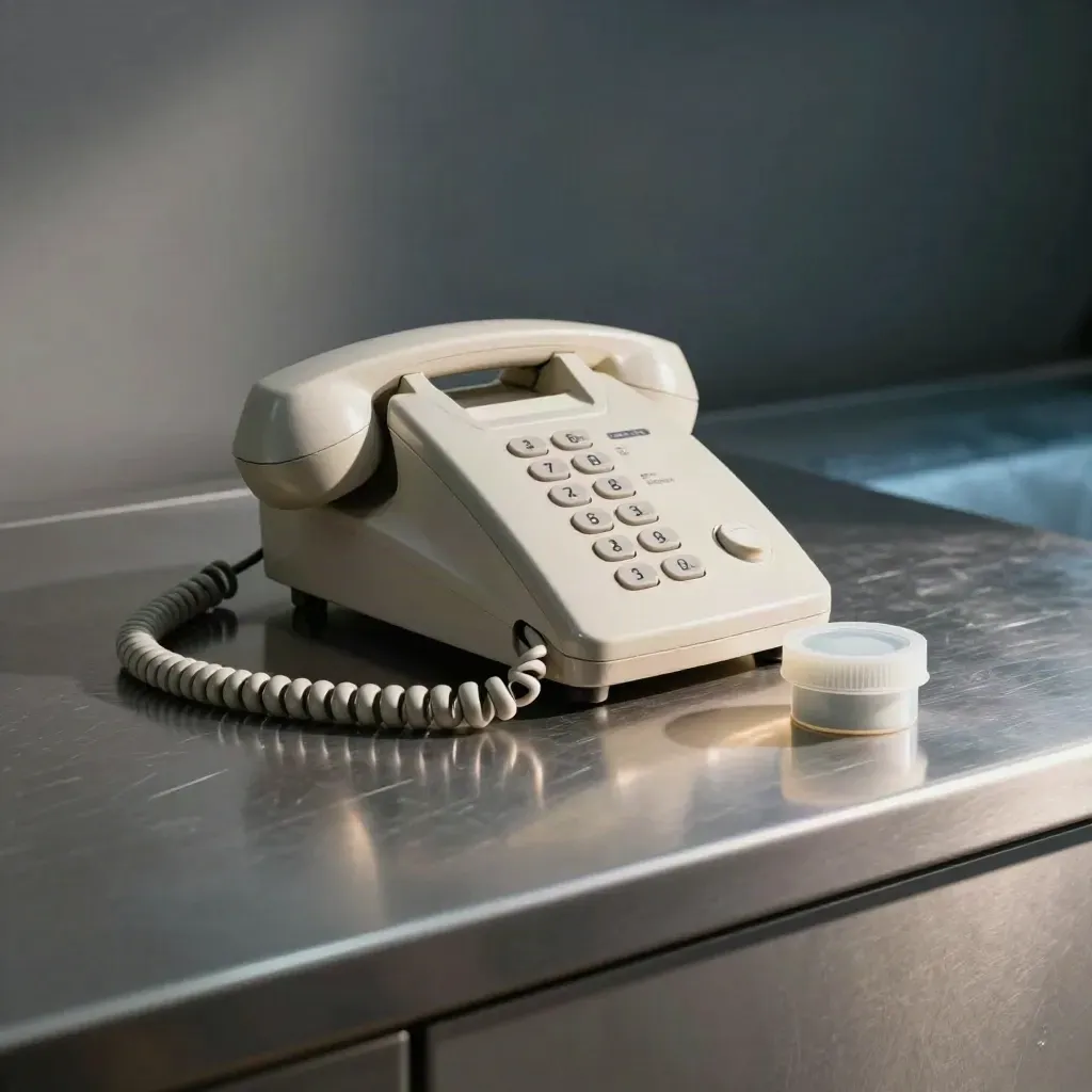 Cordelefoon, samplepot en temperatuursensor op stalen koelcounter in rustige still-life
