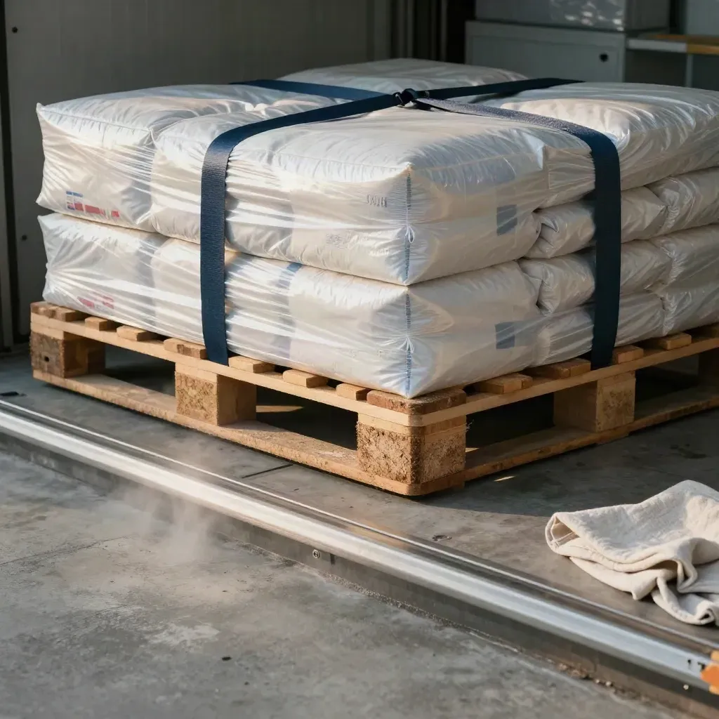 Verzegelde pallet bij de laadklep met folie, koude damp en donkere dockrand.