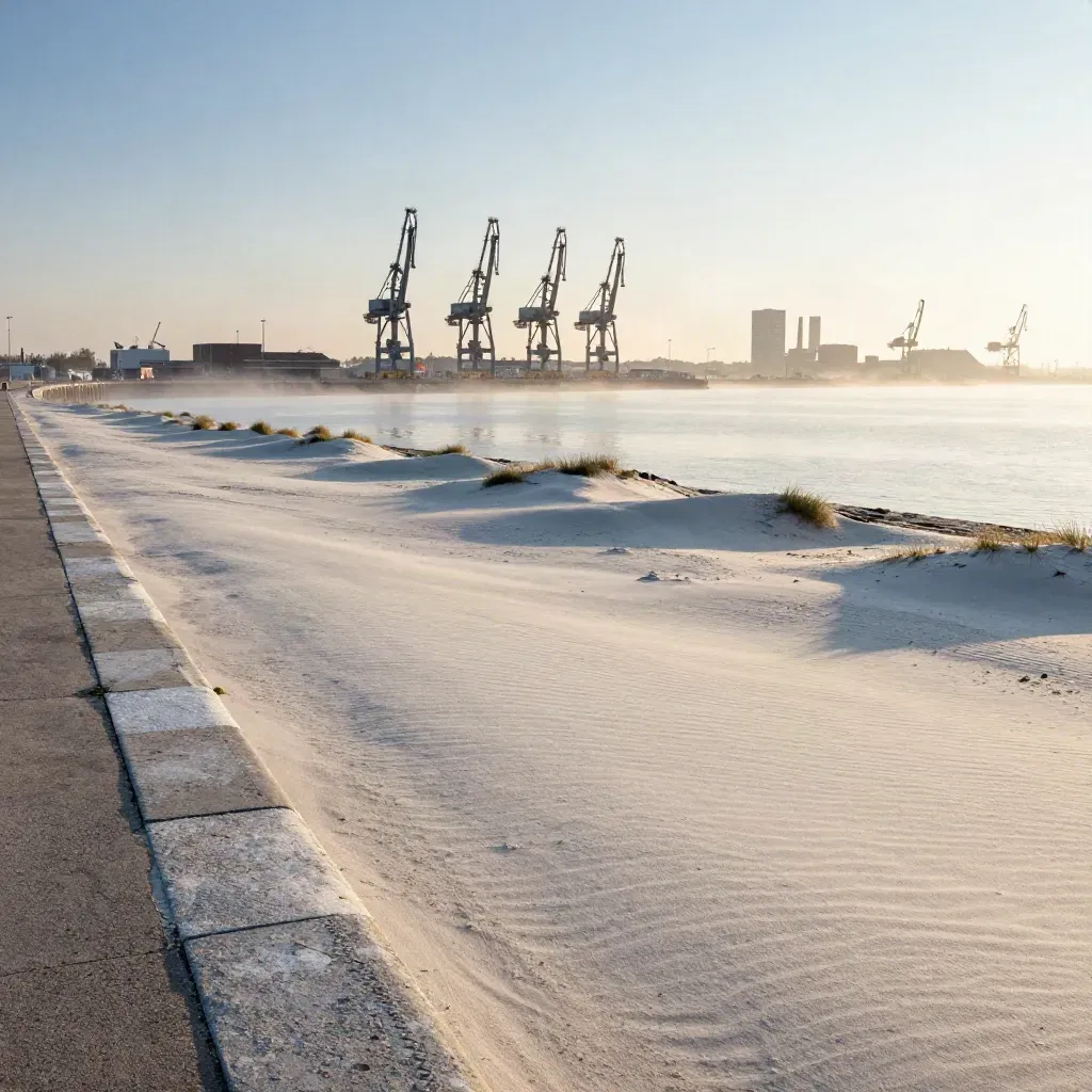Havenrand van de Randstad in ochtendmist met kranen, water en duinen