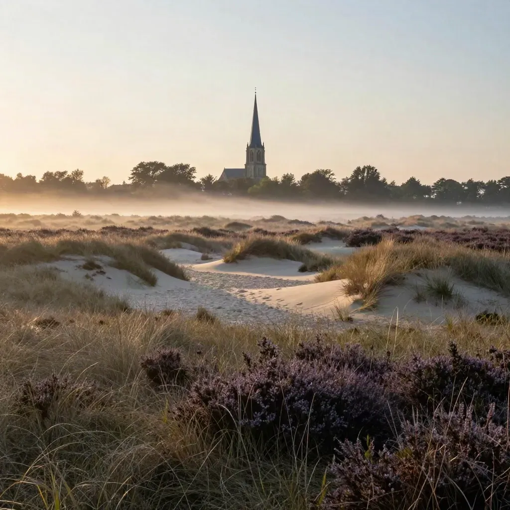 Brabantse heide met kerktoren in mist, zachte zandheuvels en rustige open voorgrond.